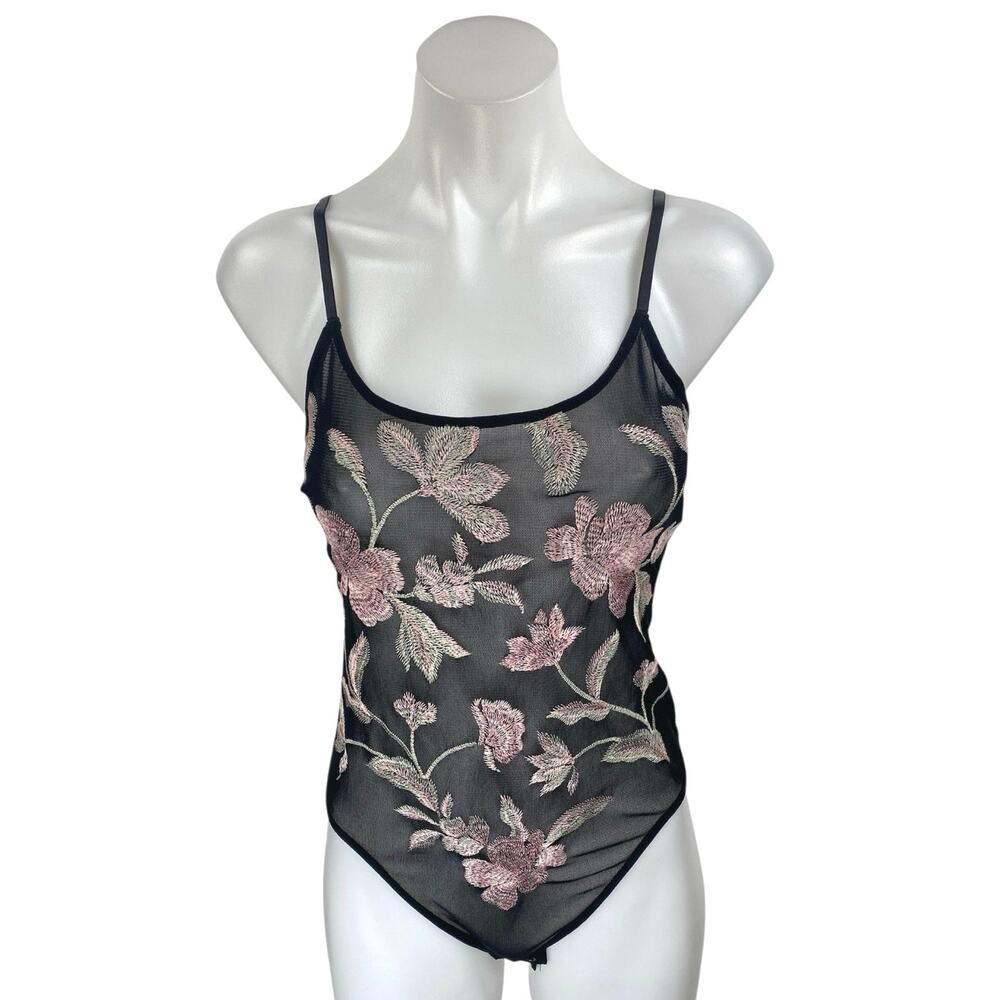 Express Black Pink Floral Embroidered Mesh Sheer Sleeveless Cami Bodysuit Top S